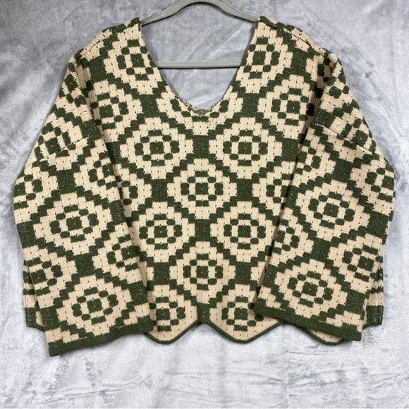 POL Knit Granny Square Double V Neck Sweater Size M Oversized Green - Picture 4 of 8